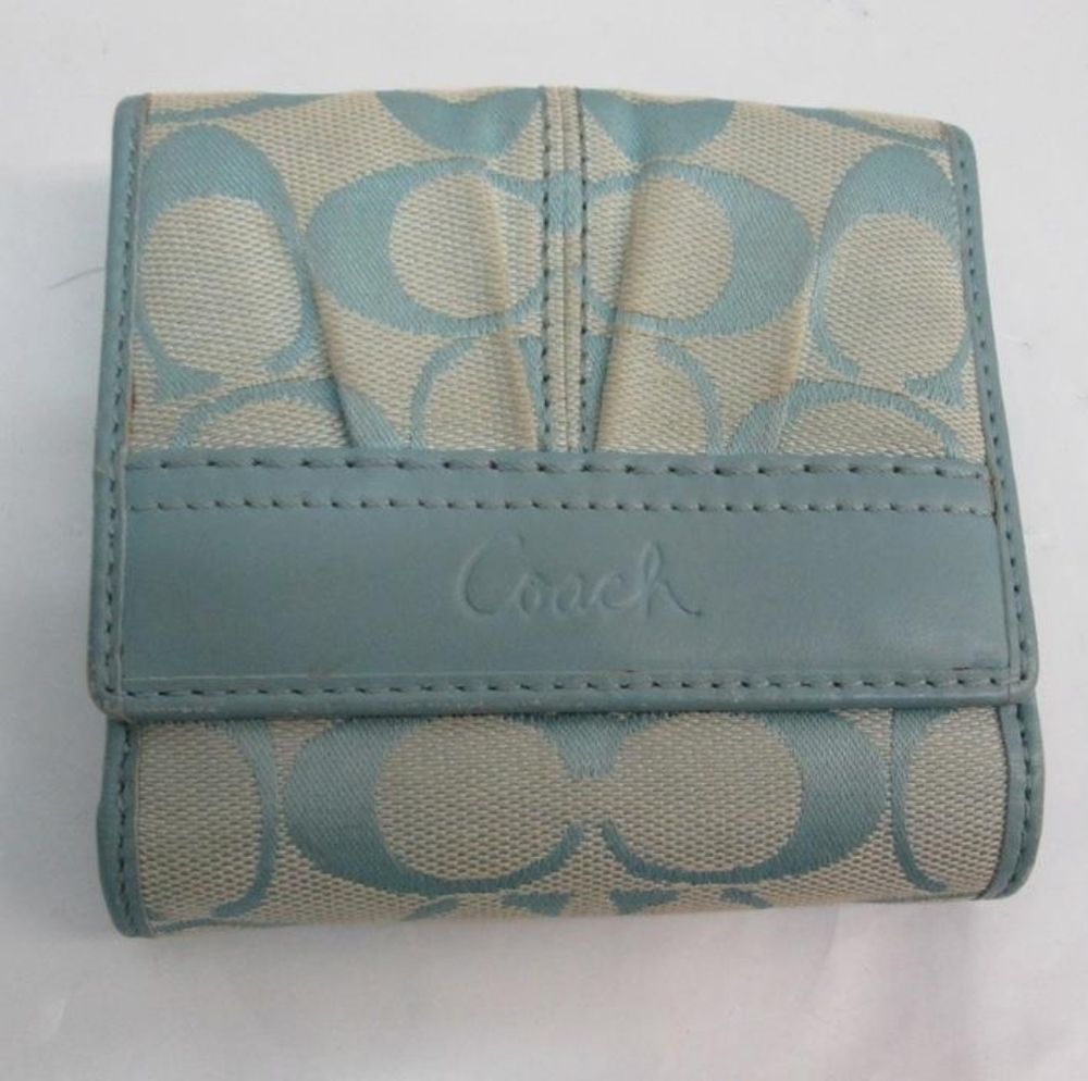 Coach Signature Small Trifold Wallet Aqua Blue Leather Compact ID Coin Purse